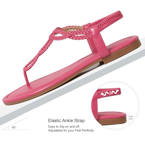 Image of iCKER Womens Braided T‑Strap Flat Sandals Elastic Stretch Ankle Strap | Boho cute casual lightweight and comfort matches dresses for beach vacation