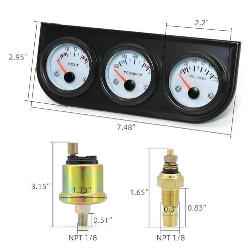 image for 0769FUWU 3 in 1 Car Meter Auto Gauge,2 52mm Chrome Car Triple Gauge Ki