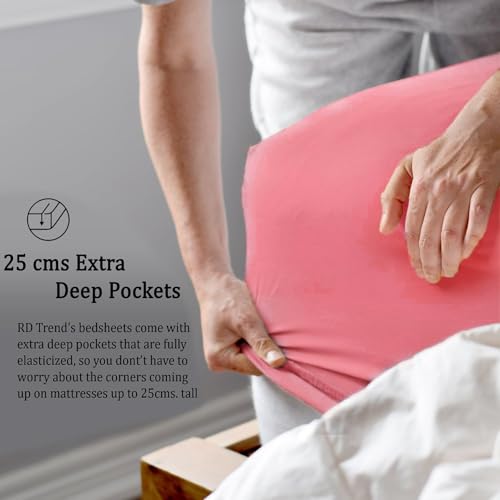 Image of RD TREND Microfiber Satin Weave Fitted Bedsheets for Queen Size Bed 78x60x10 Inch with 2 Pillow Covers-18x28 Inch | 400 TC All Around Elastic | Coral Pink