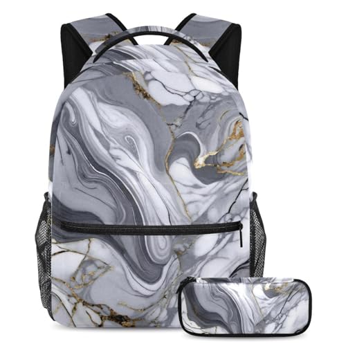 Cartables et sac à dos marbre gris avec trousse à crayons pour fille et garçon