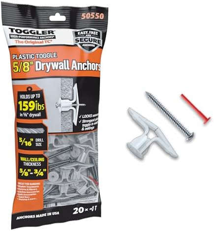 TOGGLER Toggle TC Commercial Drywall Anchor with Screws, Polypropylene, Made in US, 5/8" to 3/4" Grip Range, for #6 to #14 Fastener Sizes (20)
