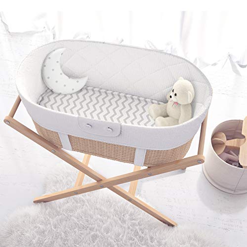 Bassinet Fitted Sheets Compatible With Halo, Fisher Price, Delta, Graco – Fits Perfectly On 15 X 33 Inch Oval, Rectangular Mattress Pad – Snuggly Soft Jersey Cotton – Grey Dots, Chevron – 2 Pack #TOP3