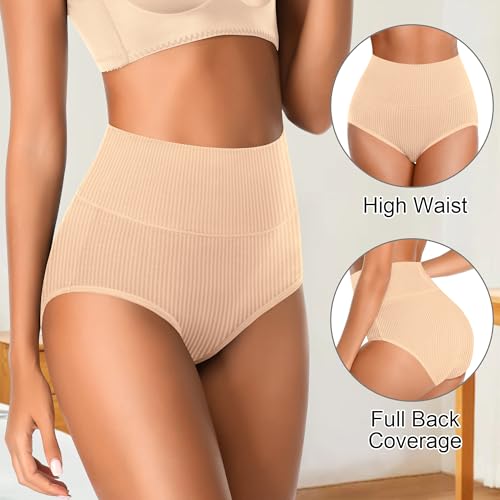 Asbestt Womens Underwear Full Coverage Women Panties for Ladies Soft Stretch Cotton Briefs High Waisted Plus Size Breathable Girls Hipster Panties 5 Pack M-L