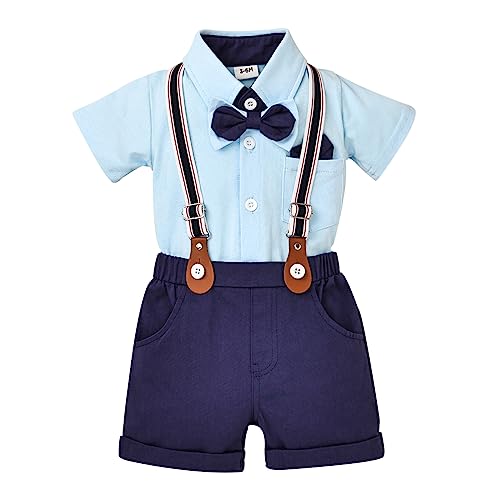 Baby Boy Clothes Gentleman Outfits Infant Baby Bodysuit Shirt with Bowtie Suspender Shorts Baby Boy Suit Set 0-18M