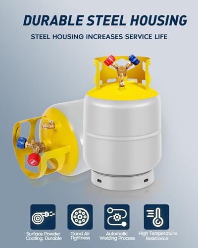 FAHKNS Refrigerant Recovery Tank 30 LB with 1/4 SAE Y-Valve Liquid/Vapor Reclaim Tank AC Freon Recovery Tank Refrigerant Recovery Cylinder Tank Reusable Cylinder Tank Without Float Switch Gray Yellow
