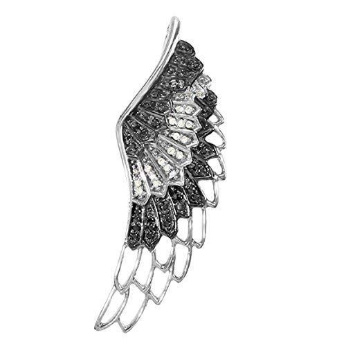 Black and White Diamond Angel Wing Feather Pendant, Sterling Silver