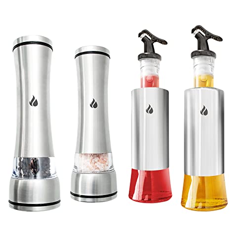 Kit com 2 Galheteiro Azeite e Vinagre + 2 Moedor de Sal e Pimenta em Aço Inox