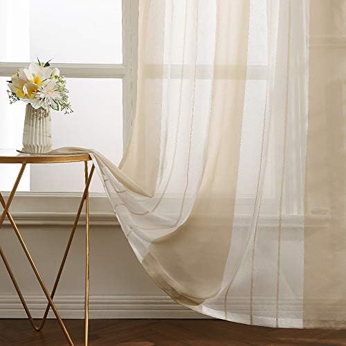 MIULEE Voile Curtains Classic Striped Curtain Translucent Soft Elegant Modern Light Filtering Transparent Eyelet Top Window Curtain Polyester for Bedroom Living Room 2 Panels 55"Wx96"L 140x245cm Beige