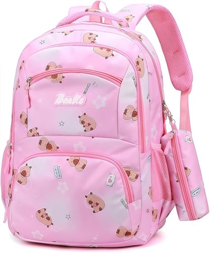 CYGMRFH Zaino Scuola Bambina Rosa con Trousse Coordinata Stampa Capybara 3 Scomparti Grandi Tasche Interne Spallacci Regolabili Zaino Oxford Impermeabile per Scuola Elementare Asilo Bambine (Rosa)
