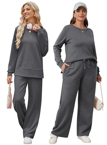 Image of OFEEFAN Women's 2 Piece Lounge Set Travel Airport Outfits Side Slit Tracksuit Wide Leg Loungewear Baggy Comfy Sweatsuit S-3XL