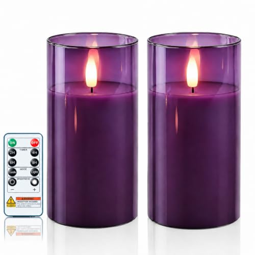 Image of Homemory Purple Glass Flameless Candles, Real Wax, Remote Timer, 2 Pack