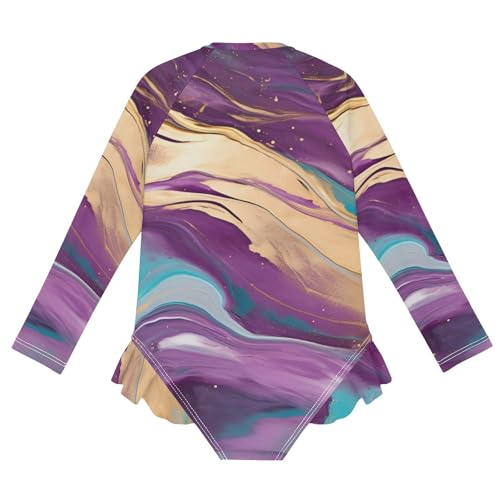 ALAZA Toddler Swimsuit Girl Bathing Suit Swimwear Rash Guard Marble Purple Gold Long Sleeve 3T 5