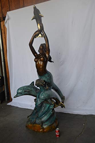Estatua de sirena de bronce con delfines grande para jardín miniatura 4
