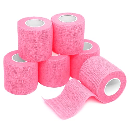 FriCARE Self Adhesive Bandage Wrap, Sport & Athletic Wrap Cohesive Bandage, Medical Tape in First Aid Kit Breathable Vet Wrap for Wounds, FSA/HSA Eligible 2" X 5 Yards 6 Rolls Fluorescent Pink