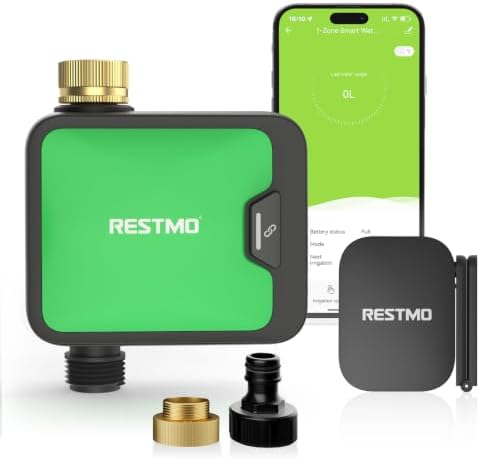 RESTMO Bewässerungscomputer WLAN, Bewässerungsuhr mit Durchflussmesser | großes LCD-Display, RF Hub, App-Steuerung, automatische Bewässerungsuhr, einstellbare Pläne, für Garten & R