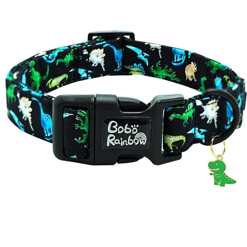 Image of Dog Collar-Black Dinosaur Adjustable Pet Collars Comfortable Spring Summer Puppy Collar Cute Durable Cotton Collars for Large Dogs