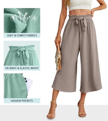 Image of IWOLLENCE Women Flowy Loose Wide Leg Pant Summer Beach Casual Trousers high Waist Adjustable Knot Business Work Casual Pants