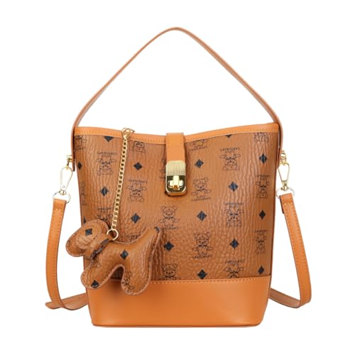 Mollie Bucket Bag, Monogram Print Shoulder Handbag with Gold Hardware,