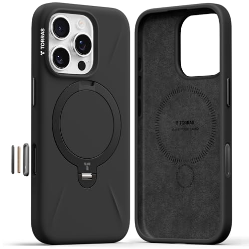 TORRAS Q3 Silicone 360 Spin for iPhone 13 Pro Case with Stand, Fit for MagSafe, Magnetic Ring Kickstand with Camera Control, Liquid Silicone Rubber Soft Phone Case for iPhone 13 Pro 6.3'', Black