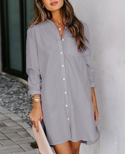 Image of Aoudery Womens Button Down Shirt Dresses with Pockets Cotton Button Up Tunics Long Sleeve Solid High Low Blouse Tops