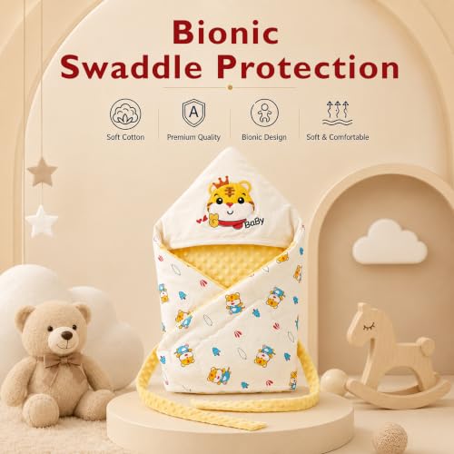 Image of StarAndDaisy Baby Swaddle Wrapper Blanket with Hood | Cotton & Soft Bean Velvet Receiving Blanket | Newborn Baby Wrap, Infant Sleeping Bag, Baby Quilt for Boys & Girls (Yellow)