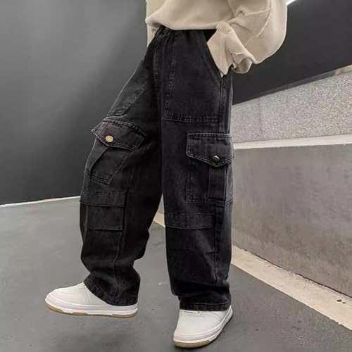 Teen Boys Y2K Cargo Jeans Kids High Waisted Stretch Button Dance Denim Pants Children Baggy Straight Leg Vintage Streetwear2