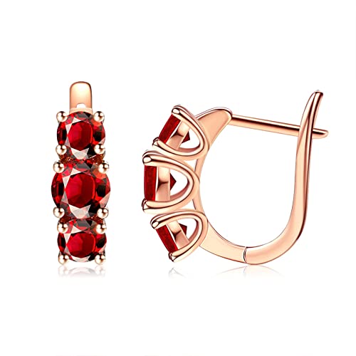 ZQHWYZ 18K Real Gold Hoop Earrings for Women, Elegant 3 Round Red Lab Ruby Hoop Earrings for Women Rose Gold