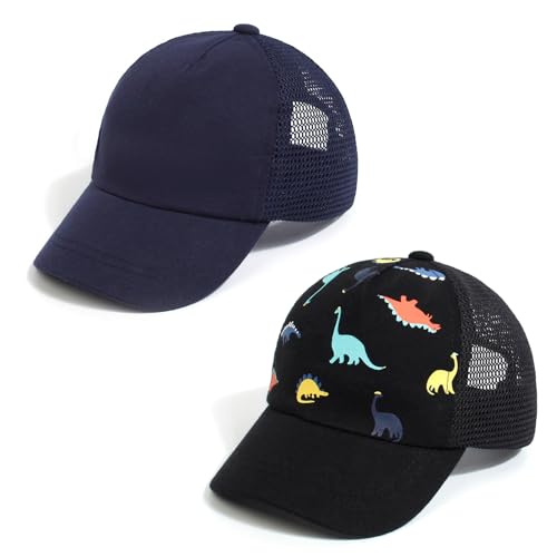 Image of Duoyeree Toddler Baseball Hat, Dinosaur Mesh Adjustable for 0-8T Kids | 60% cotton blend, full mesh back ventilation; curved UV brim, velcro strap, sizes 0-8T for beach outdoor summer