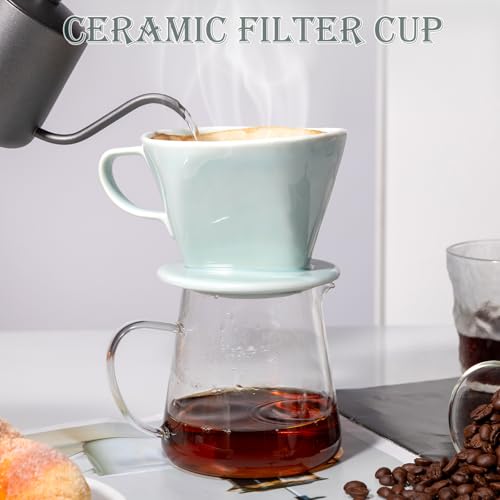 Image of Pour Over Coffee Dripper, Ceramic Pour Over Coffee Maker, Green | 3 Holes Flat Bottom, Easy Manual Brew Maker, Porcelain Slow Filter Cone for Travel, Camping, Office, Home