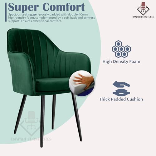 Image of Plush Dining Chair | Accent Chair for Living Room Bedroom Restuarant | Velvet Fabric & Thick Cushion Seat with Sturdy Glossy Metal Legs (Black Legs, Green)