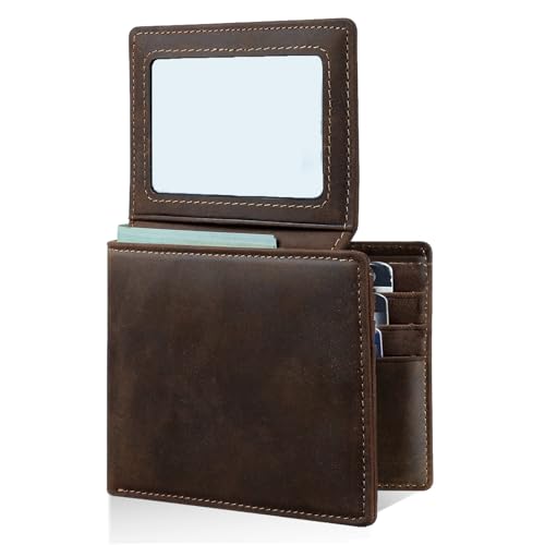 HRS Mens Wallet Genuine Leather Bifold RFID Blocking Wallet for Men with 1 ID Window 12 Card Holders