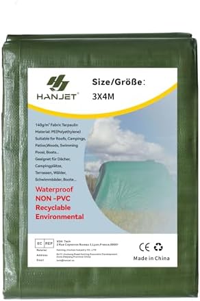Hanjet robuste PE Abdeckplane 140g/m² wasserdichter, grün, allwetterfeste Schutzplane für Terrasse & Dach – recycelbar, widerstandsfähig (3 x 4 m)
