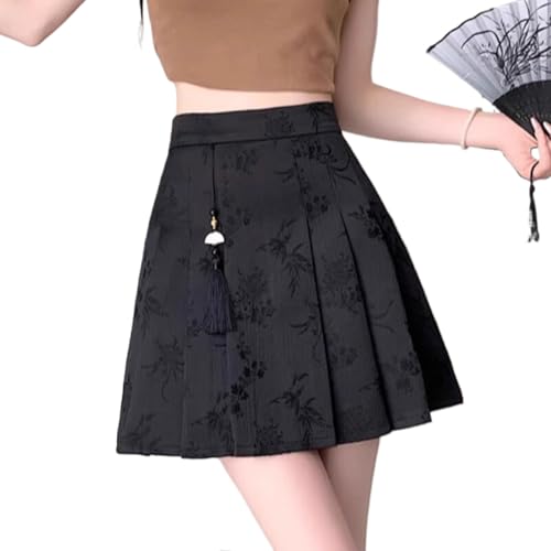 Jupe courte noire femme imprimé cheval : jupe plissée d'été petite taille haute