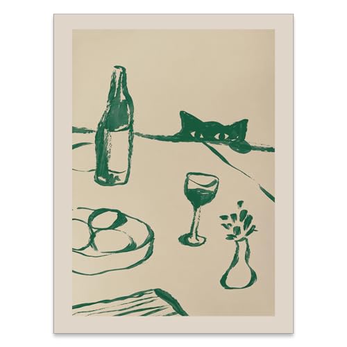 GO-SANTNN Green Kitchen Wall Art Sneaky Cat Wine Canvas Poster Cute Whimsical Animal Abstract Prints for Modern Dining Room Bar Living Room Wall Decor 12X16 inch Unframed