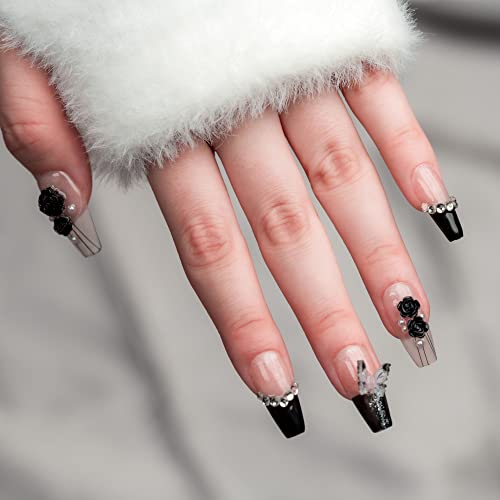 Sun&Beam Nails Handmade Long Coffin Ballerina Nude False Nail Tips with Cute 3D Black Flower Butterfly Diamond Popular Charm Design Press On Nails 10 Pcs (#69 XS) - Image 3
