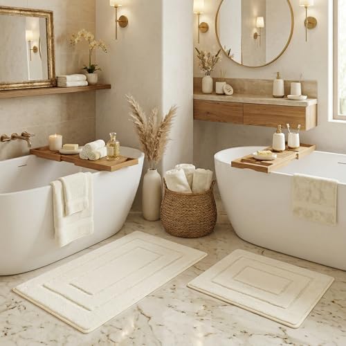 GRANNY SAYS Bathroom Rugs Sets 2 Piece Soft Bath Mats for Bathroom Bath Rugs Non Slip Washable Absorbent Bath Rug for Tub Shower and Toilet Bath Mat Set (Cream 20 x 32 + 16 x 24)