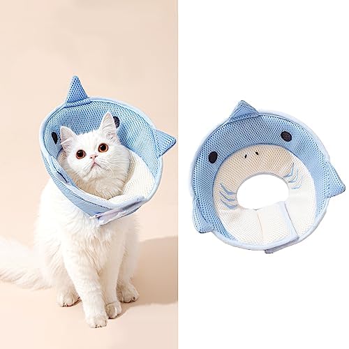 Image of MANON ROSA Cat Cone E-Collar: Soft After Surgery Elizabethan Collar Adjustable Cute Animal Design for Dogs Cats Puppies Kittens Rabbits Bunnies Prevents Licking (Shark,L)
