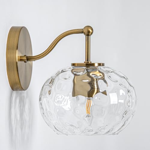 Image of Modern Iridescent Glass Wall Sconce Gold Brass Wall Light Set of 2 Hammered Clear Glass Vanity Light for Bedroom Hallway Living Room Stairwell Bathroom Over Mirror