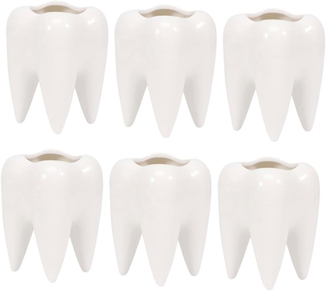 6pcs Ceramic Tooth Shaped Pen Holder Plant Pots Succulent Pot Decorative Flowerpot for Garden
