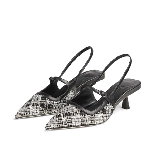 Vertundy Metallic Leather Kitten Heels Pumps for Women Backstrap Buckle Pointed Closed Toe Low Heel Slingback Pumps Shoes for Bridal Wedding Party