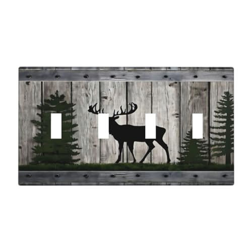 Decorative Light Switch Cover Plate Rustic Deer Elk Forest Grey Wood Board 4 Gang Wall Plate Oversized Quad Toggle Switch Cover Plate Jumbo Faceplate for Farmhouse Decor