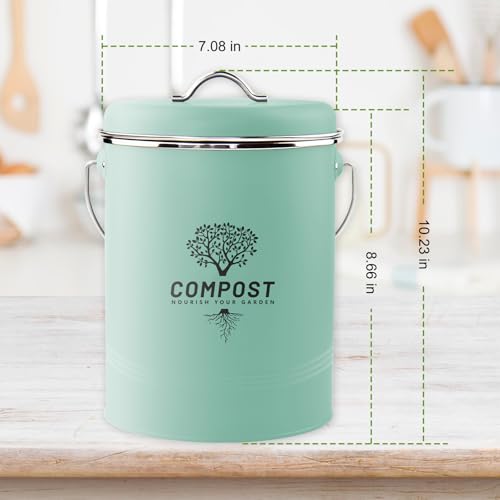 Image of Kitchen Countertop Compost Bin, Odor Resistant Indoor Compost Bin with Lid and Charcoal Filter, Rust Resistant Coated Compost Bucket, Compost Container, Mint