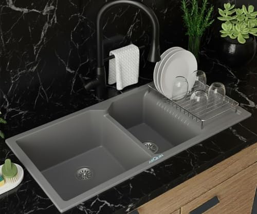 Image of ARQUIN Double Bowl Quartz with Drainboard Kitchen Sink 45x20x9 Inch Grey | Undermount,Topmount | Including Coupling,Sink Connector,Waste Pipe & Fruit Washing Basket