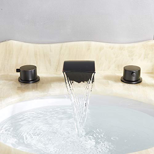 Senlesen Deck Mount Double Handles 3 Holes Waterfall LED Light Widespread Bathroom Sink Faucet Oil Rubbed Bronze