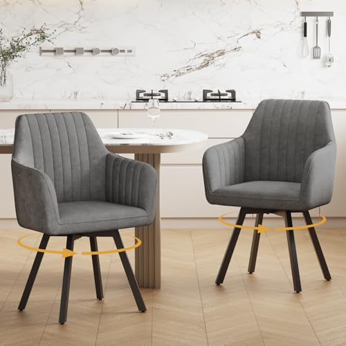 Ckaff Esszimmerstühle Drehbar mit Armlehne 2er Set, 360°Drehbar Polsterstuhl Küchenstuhl aus Samt, Stühle Esszimmer Schminkstuhl mit Metallbeine und Rückenlehne für Esszimmer Schlafzimmer, Dunkelgrau