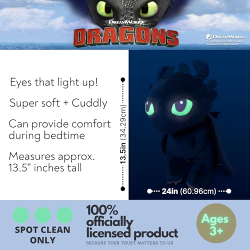 Image of How to Train Your Dragon Toothless Super Soft Plush Cozy Cuddle Pillow Buddy with Light Up Eyes for Comfort, (Officially Licensed Product) by Franco