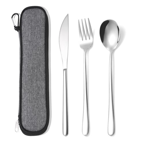 AARAINBOWI Mittagessen Besteck Set für 1 Personen, 3 Teilig, Spiegelpoliert, Tragbar Flatware Set Edelstah Besteck, Reisen Messer Gabel Löffel Set mit Tasche, Geschirrspüler Sicher (Silber)