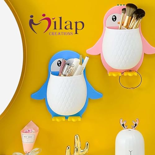 Image of Plastic Penguin Shape Wall-Mounted Toothbrush Holder, Self-Adhesive Plastic Bathroom Organizer, Multipurpose Storage Shelf for Kids & Adults (Multicolor Pack 1)