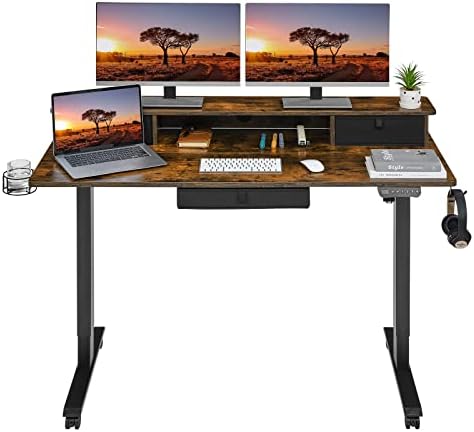 LAGRIMA Standing Desk with 3 Drawers, Adjustable Height Electric Sit Stand Desk，48 x 24 Inches Stand up Desk Home Office Desk with 4 Memory Presets, Workstation(Vintage Brown), desk7040