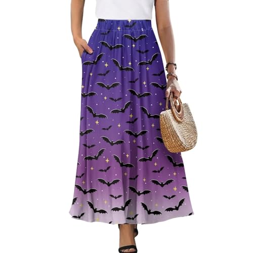 Women Long Skirts Dress Summer A Line Swing High Waisted Elastic Band Skirts with Pockets